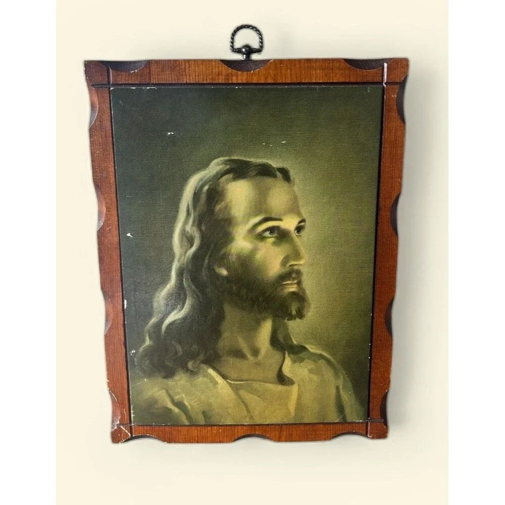 Jesus Christ Print Wood Dickson Wall Hanging Vtg USA 10x14